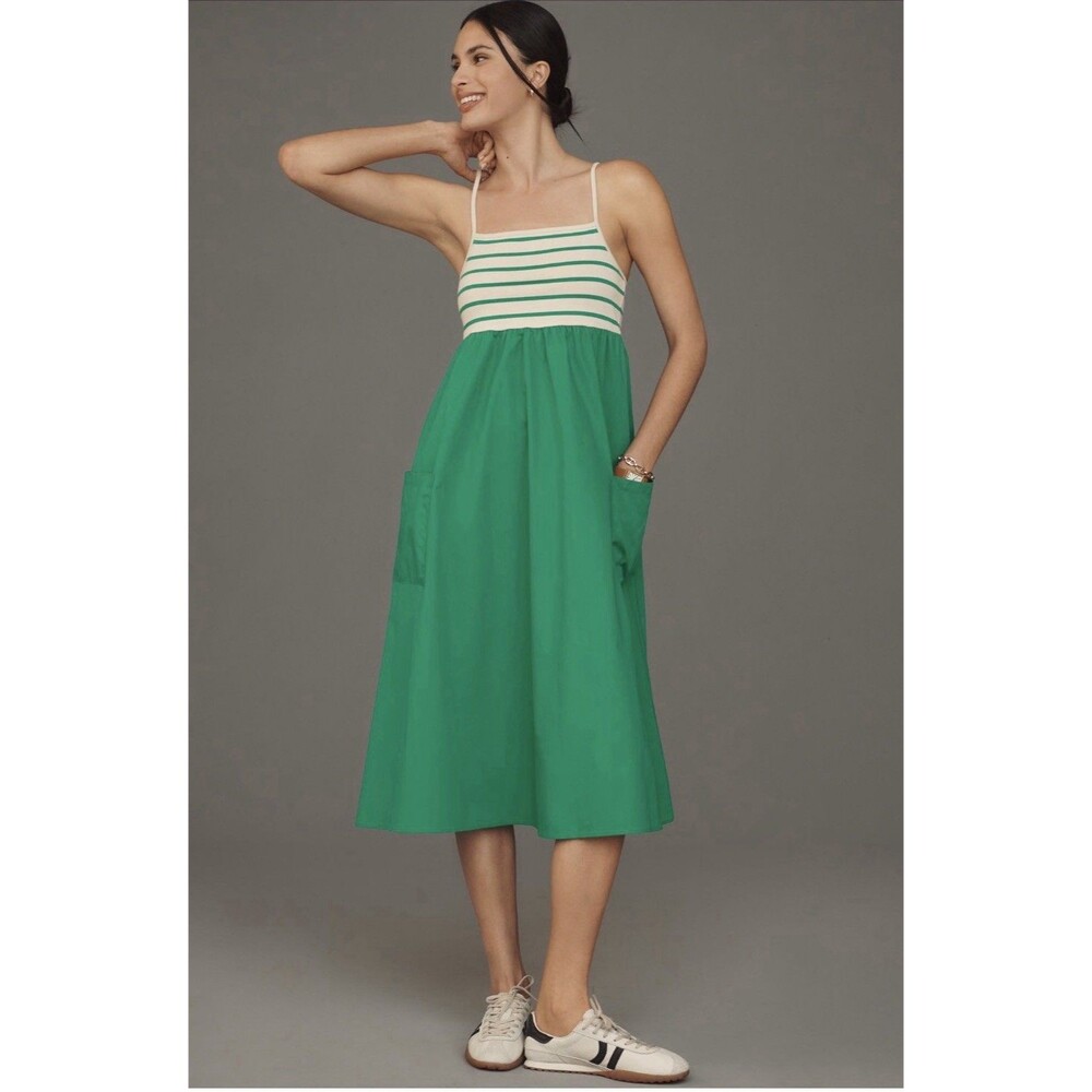 Anthropologie Midi Dress Green Stripe Square Neck A Line Cotton Vacay Large NWT